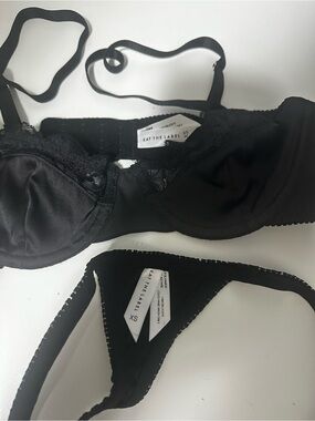 Kat the Label Black Lace-Trim Satin Bra & Thong Set